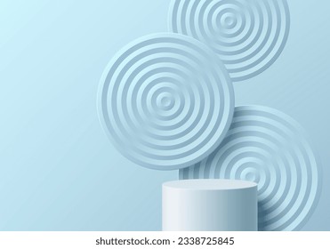 3D light blue background with white cylinder pedestal podium and floating radial circles overlap scene. Abstract composition in minimal design. Platforms product display presentation. Stage showcase.