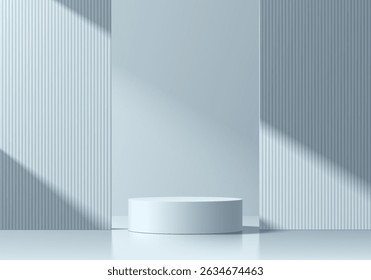 3D light blue cylindrical podium background with vertical partition backdrop scene. Minimalist mockup pedestal. Abstract stand product display presentation, Stage for showcase. Vector platform design.