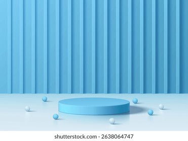 3D light blue cylindrical podium background with vertical pattern wall scene and sphere ball. Minimalist mockup pedestal, Abstract product display presentation, Stage showcase. Platforms vector design