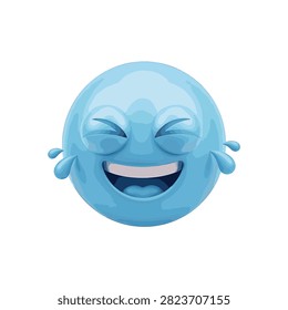 3D light blue emoticon laughing hysterically with squinted eyes and wide open mouth, featuring large blue tears of joy splashing from eyes, isolated on a solid white background.