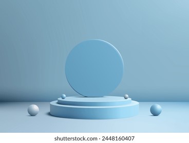 Podio 3D azul claro con un fondo circular en el centro se sienta y bolas Elementos sobre un fondo azul, maqueta de Producto de visualización. Ilustración vectorial