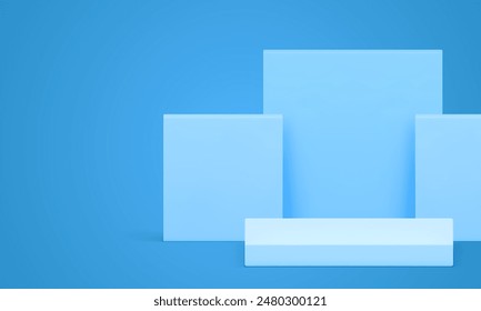 3d light blue podium geometric stage mock up for cosmetic product show realistic vector illustration. Pastel minimalist aesthetic squared pedestal with wall background rendering showcase presentation