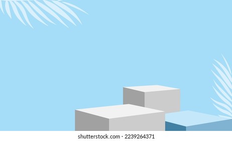 3d Light Blue products display podium scene with palm leaf summer platform. product background vector 3d render with podium. stand to show cosmetic products