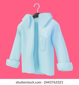 3d Light Blue Shirt on a Hanger Cartoon Design Style Trendy Fashion Female or Male Casual Clothes. Vector illustration