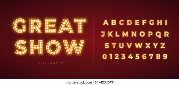 3d light bulb alphabet with red frame isolated on dark red background. Broadway show style retro glowing font. Vector illustration.