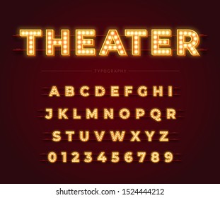 3d light bulb alphabet with red frame isolated on dark red background. Theater style retro glowing font. Vector illustration.