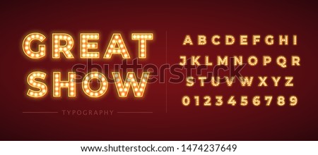 3d light bulb alphabet with red frame isolated on dark red background. Broadway show style retro glowing font. Vector illustration.