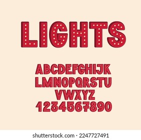 3d light bulb alphabet. Retro label font. Cartoon letters and numbers.