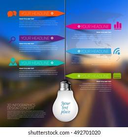 3d light bulb business Infographic Template. Data Visualization. Workflow layout, number of options, steps, diagram, presentation or web design. Blurred vector background