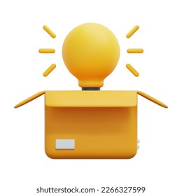 Bombilla 3d en el vector de icono de caja de cartón. Aislado sobre fondo blanco. 3d pensar fuera de la caja, idea y concepto de creatividad. Diseño mínimo. Ilustración del vector de icono 3d.