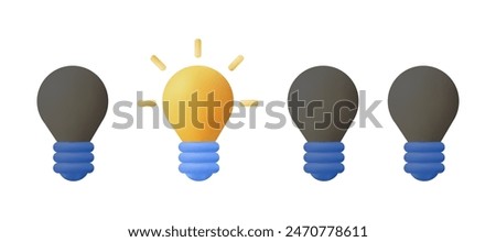 3d light bulb. Cartoon plastic icon. Idea creative brainstorm symbol, glowing lightbulb. Business concept, good and bad idea. Vector isolated illustration