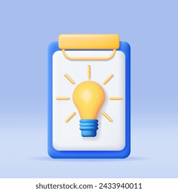 3D Light Bulb in Clipboard Isolated. Render Cartoon Yellow Idea Bulb Icon. Glass Lightbulb Symbol. Creative Idea Inspiration. Brainstorming Development. Business Solution Startup. Vector Illustration