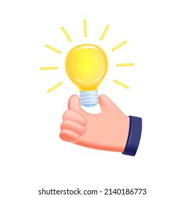 Ilustración de ideas, iluminación y maduración del pensamiento en el concepto de la bombilla 3d. Bombilla en mano. Representación de bombillas, idea de negocio y de inicio. Aislado sobre un fondo blanco. Gráficos vectoriales 3D