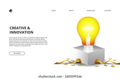 3D light bulb glow with white box and golden confetti illustration for business, creative idea, innovation concept