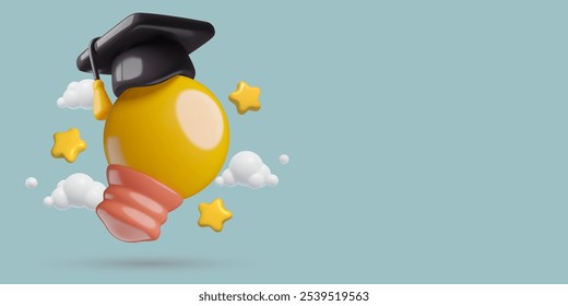 3d light bulb with graduation hat and stars. Creative idea, education and teaching technology concept background. 