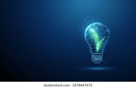 lâmpada 3d com folhas verdes no interior. Inovação ecológica, energia sustentável, tecnologia verde, energia, conceito de soluções ambientais. Estilo futurista digital poli baixo, wireframe. Vetor.