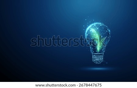 3d light bulb with green leaves inside. Eco friendly innovation, sustainable energy, green technology, energy, environmental solutions concept. Low poly digital futuristic style, wireframe. Vector.