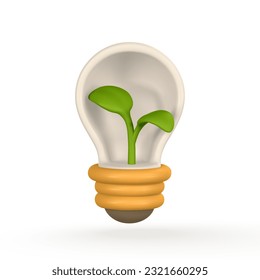 3d light bulb with green sprout in cartoon style. Green energy, clean energy, global warming, recycle, protect environment concept. Vector illustration.