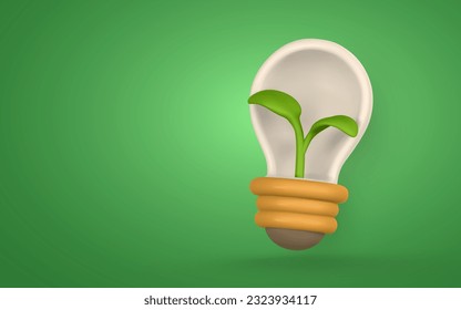 3d light bulb with green sprout in cartoon style. Green energy, clean energy, global warming, recycle, protect environment concept. Vector illustration.