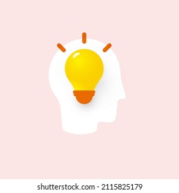 Bombilla 3D en silueta de cabeza humana, idea para gráficos de lluvia de ideas, elemento de diseño infográfico de empresas, ilustración vectorial aislada.