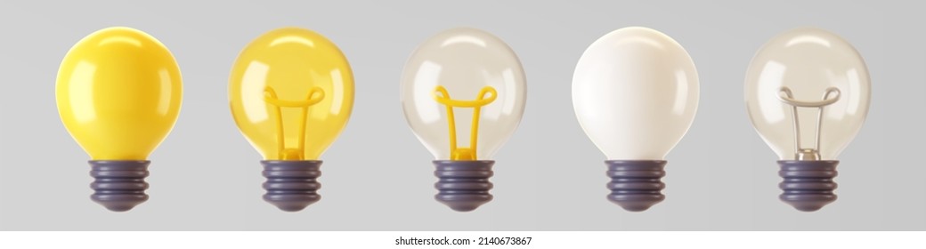 Icono de la bombilla 3d aislado en fondo gris. Representar el estilo de la caricatura como bombilla mínima de vidrio amarillo, blanco y transparente. Idea de creatividad, éxito empresarial, concepto de estrategia. 3.ᵉʳ vector realista