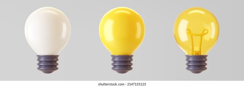 3d light bulb icon set isolated on gray background. Render cartoon style minimal yellow, white, transparent glass light bulb. Creativity idea, business success, strategy concept. 3d realistic vector
