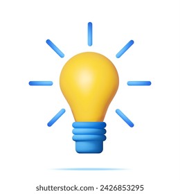 3D Light Bulb Isolated on White. Render Cartoon Yellow Idea Bulb Icon. Glass Lightbulb Symbol. Creative Idea Inspiration. Brainstorming Development. Business Solution Startup. Vector Illustration