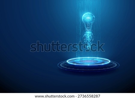 3d light bulb launching from futuristic podium into flowing data stream. Innovation boost, creative inspiration, technology launch, data-driven insights concept. Futuristic digital style. Vector.