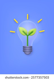 3d light bulb with leaves icon. Render light bulb for eco energy, ecology friendly concept, global warming, recycle, protect environment concept. 3D Web Vector Illustrations.