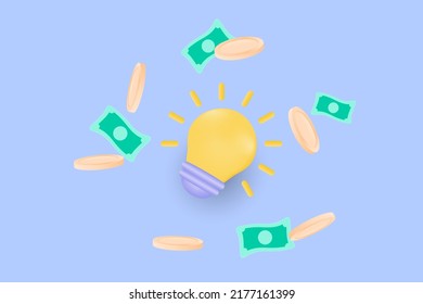 3d Light bulb like idea makes earning with illustration concept.
The idea makes money coins and banknotes.3d vector illustration.