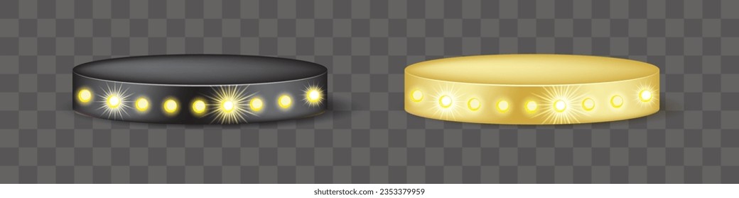 3.ª bombilla de podio. Escenario de exhibición en negro y oro para la presentación del concurso y la entrega del ganador del premio. Ilustración vectorial del suelo de la bombilla de neón liderada por un casino. Plataforma de estudio de cosmética o de moda redonda