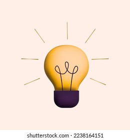 3d light bulb with rays shine. Energy, creative thinking and idea symbol. Vector render illustration