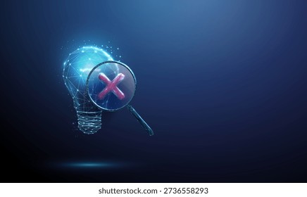 3d light bulb under magnifying glass with red cross. Rejected idea, failed innovation, quality control alert, unreliable solution, rejected insight, invalid concept. Futuristic digital style. Vector.