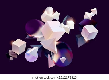 3D light geometric shapes on dark background. Abstract vector background.