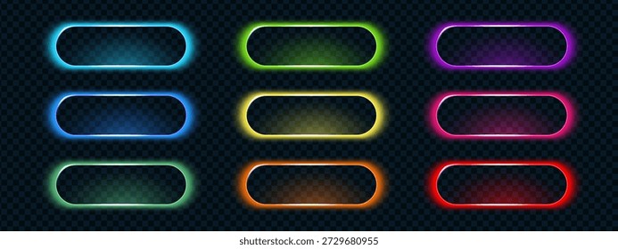 3D Licht Leuchten Neon Frame Knopfleisten Elemente mit sauberem Call Action Design und hellen Volltonfarben. Diese Neon Call Action Grafiken sehen energetisch und modern aus.