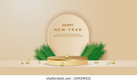 3D light gold cylinder pedestal podium with happy new year text design. Minimal scene for product display presentation.