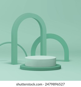 3d light green cylinder podium pedestal geometric stand realistic vector illustration. Pastel trendy minimalist aesthetic showcase with arch wall background mock up for cosmetic product presentation