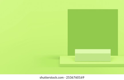 3d light green podium geometric showcase for product show realistic vector illustration. Trendy minimalist aesthetic squared pedestal with wall background display mockup for cosmetic presentation