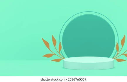 Pedestal de lujo del podio verde claro 3D para la Ilustración vectorial realista de la presentación del espectáculo. Pantalla de cilindro elegante de moda con hojas de oro y fondo de pared redonda escaparate de venta de compras premium