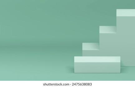 3d light green podium pedestal with stairs wall background realistic vector illustration. Trendy pastel squared platform with staircase geometric shapes interior mock up for product show presentation