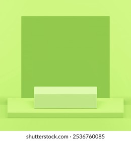 3d light green podium pedestal mockup for cosmetic product show realistic vector illustration. Trendy minimalist aesthetic squared stage with wall background geometric display for presentation