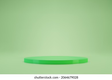 3D light green round podium on pastel background. Empty stage for product presentation. Realistic vector platform with free space. Minimalistic mockup design. Template of pedestal