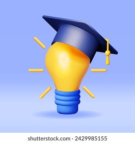 3D Light Idea Bulb with Graduation Cap Isolated. Render Cartoon Yellow Idea Bulb in Graduation Hat. Creative Idea Inspiration. Brainstorming, Learning. Business Solution Startup. Vector Illustration