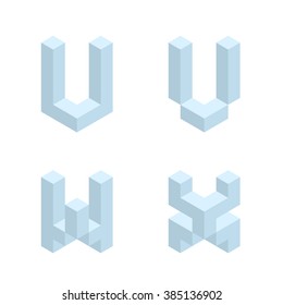 3d light isometric alphabet. Letters U,V,W,X