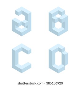 3d light isometric alphabet. Letters A,B,C,D