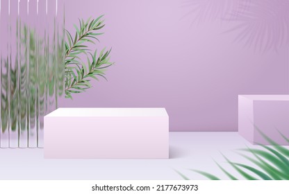 Diseño de escena púrpura de lavanda ligera con podio de exposición de productos. Estadios de la caja blanca con hojas etéreas del árbol de té y pared divisoria de vidrio.