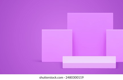 3d light lilac podium squared display mock up for cosmetic product show realistic vector illustration. Purple pastel pedestal showcase with geometric wall background rendering stand for presentation