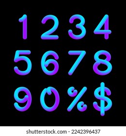 3D light numbers vector set. Price off tag design collection. 0, 1, 2, 3, 4, 5, 6, 7, 8, 9, percent and dollar illustration.