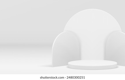 3d light podium geometric display mock up for product show presentation realistic vector illustration. White minimalist aesthetic cylinder pedestal with semi circle wall background for promo