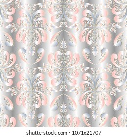 3d light vintage seamless pattern. Vector silver drapery floral background. Hand drawn elegance damask ornaments. Beautiful pink flowers, leaves, swirls, lines. Surface texture. Design for wallpapers